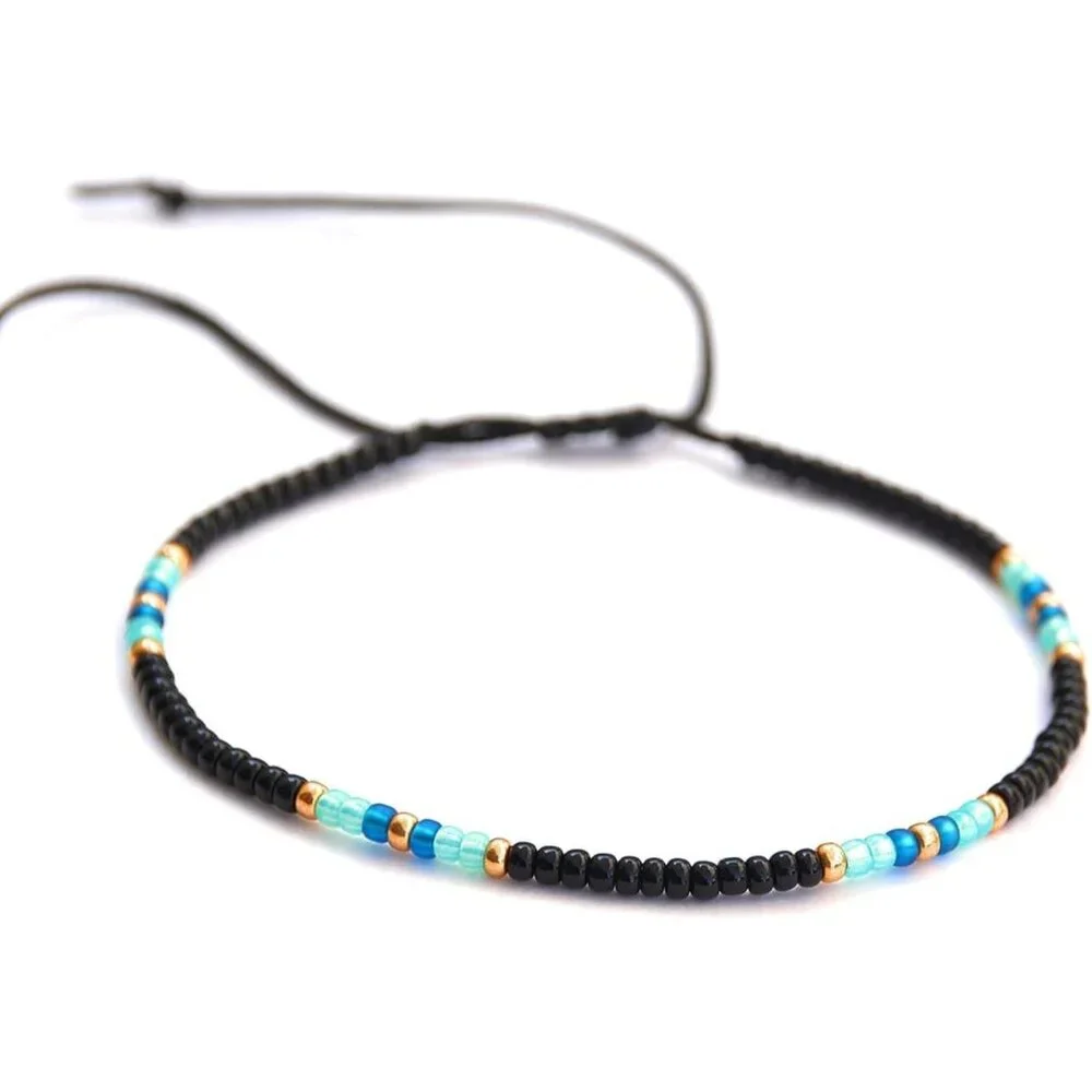 Anklet for Women, Unique Beaded Thin Anklet, Black Gold Colorful Boho Hippie Wat